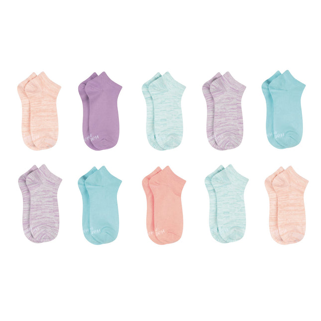 Hanes Girls' Big Comfort Soft No-Show, Stretch Ankle Sock, Assorted, 10-Pack, Pink/Lavender/Teal, Small