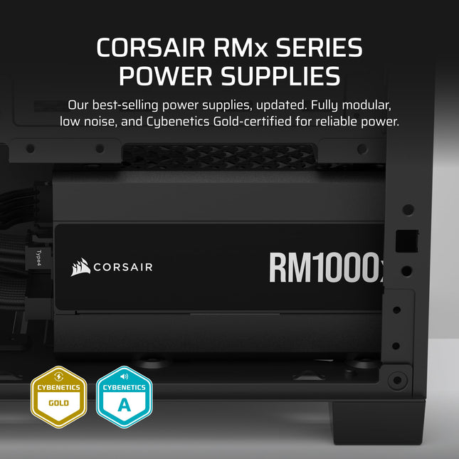 Alimentation Corsair RM1000x ATX 3.1 PCIe 5.1 Ready entièrement modulaire 1000W – Silencieuse, efficacité Cybenetics Gold, connecteur natif 12V-2x6 – Noir