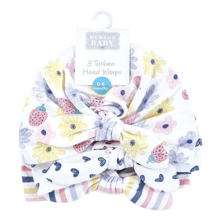 Hudson Baby Infant Girls Turban Cotton Headwraps, 0-24 Months, Flowers and Strawberries, 0-24 Months