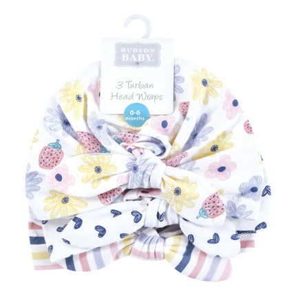 Hudson Baby Infant Girls Turban Cotton Headwraps, 0-24 Months, Flowers and Strawberries, 0-24 Months