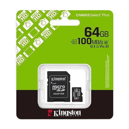 Kingston Canvas Select Plus microSD Memory Card 64GB microSDXC Gen3 100MB/s A1 Card + Adapter - SDCS3/64GB