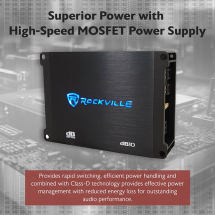 Rockville dB10 800W Mono 4-Ohm Car Amplifier, High-Speed MOSFET, Adjustable 12dB Crossover, LED, Remote Sub Control, Perfect for Car Audio and Subs