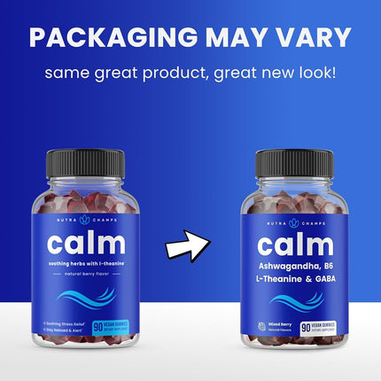 NutraChamps Calm Gummies | Stress Supplement with Ashwagandha, L-Theanine, GABA, Vitamin B6 & Lemon Balm Supports Mood, Focus Relief Vegan Non-GMO Natural Berry 90 (2 Pack), 0.472 kilograms