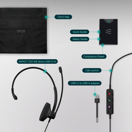 EPOS IMPACT 100 MS Mono USB-C+A Headset with Microphone, Microsoft Teams Certified, Noise-Cancelling, Lightweight, Soft Silicone Side Support, USB Adapter, Call Control, UC Professional Use