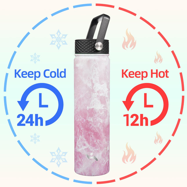 Konokyo Insulated Water Bottle with Straw,24oz 3 Lids Metal Bottles Stainless Steel Water Flask,Marble Blossom