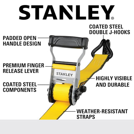 STANLEY S50002 Black/Yellow 1.5" x 16' Heavy-Duty Ratchet Straps (5,000 lb Break Strength), 2 Pack