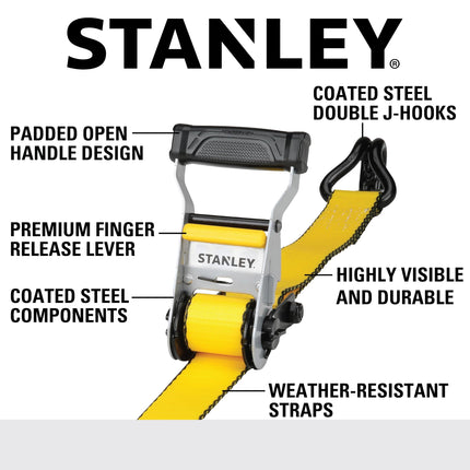 STANLEY S50002 Black/Yellow 1.5" x 16' Heavy-Duty Ratchet Straps (5,000 lb Break Strength), 2 Pack