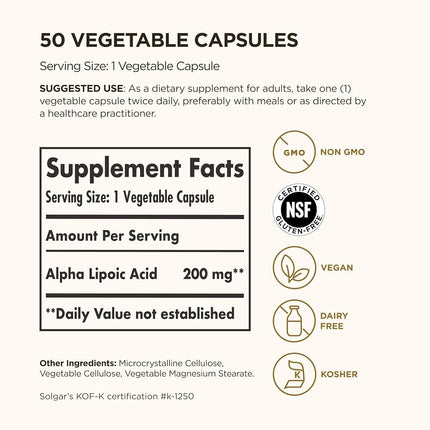 Solgar - Alpha Lipoic Acid 200 mg. - 50 Vegetarian Capsules