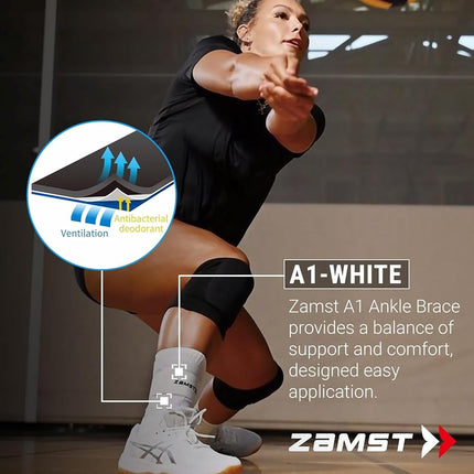Zamst A1 Ankle Brace for Sports - Breathable Sports Ankle Support for Men and Women with Adjustable Three Way Straps for Moderate Lateral Ankle Sprain - White, Left, Medium