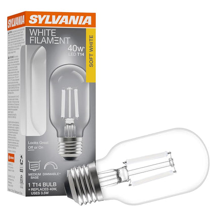SYLVANIA T14 Clear LED White Filament Bulb, 3.5W, Dimmable, 300 LMS, Medium Base, 2700K, Soft White - 1 Pack (42266)