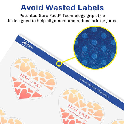 Avery Glossy Clear Heart Labels with Sure Feed, 2-9/32" x 1-27/32", 1,200 Glossy Clear Labels, Print-to-The-Edge, Laser/Inkjet Printable Labels