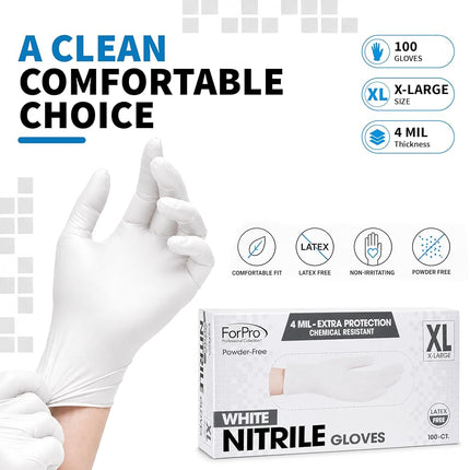 ForPro Disposable Nitrile Gloves, Chemical Resistant, Powder-Free, Latex-Free, Non-Sterile, Food Safe, 4 Mil, White, X-Large, 100-Count