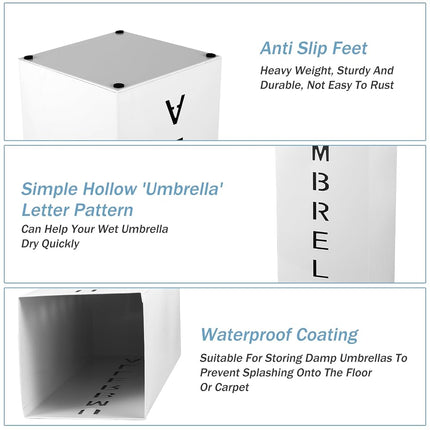 Metal Umbrella Stand, 16.5x6.3x6.3inch Square Free Standing Umbrella Rack Decorative Umbrella Holder Bin Multipurpose Walking Sticks Holder for Umbrella Cane Entryway Home Office(White)
