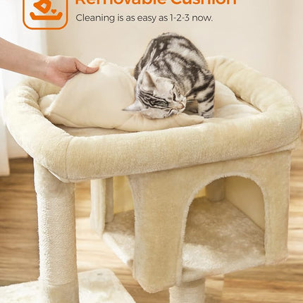 Feandrea Cat Tree Tower, 84 cm, L, Condo for Large Cats up to 16 lb, Large Perch, 2 Caves, Scratching Post, Beige UPCT61M
