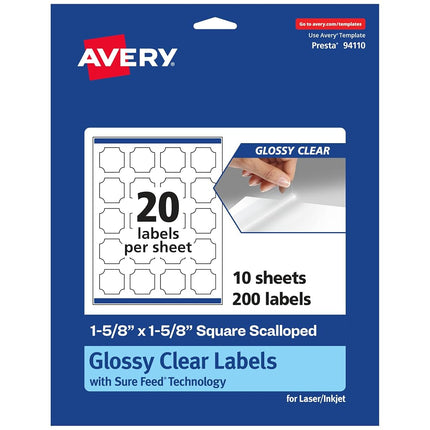 Avery Glossy Clear Square Scalloped Labels with Sure Feed, 1-5/8" x 1-5/8", 200 Glossy Clear Labels, Print-to-The-Edge, Laser/Inkjet Printable Labels