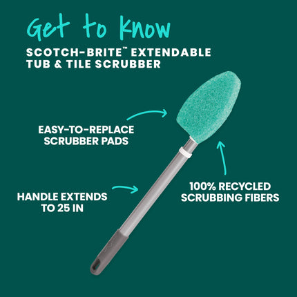 Scotch-Brite Kit de cepillo extensible para bañeras y azulejos, incluye 1 mango y 3 almohadillas de limpieza que no rayan