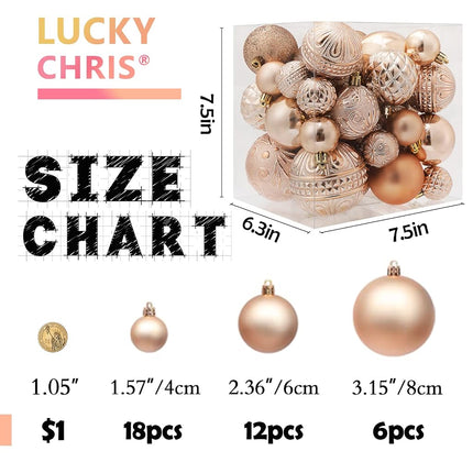 LUCKYCHRIS Christmas Ball Ornaments Copper Orange Christmas Tree Decorations with Hang Rope-36pcs Shatterproof Christmas Ornaments Set with 6 Styles in 3 Sizes(Small Medium Large)