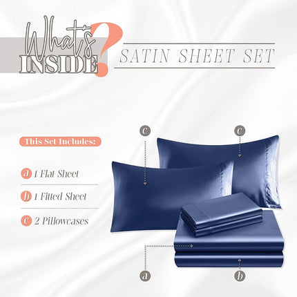 Elegant Comfort Luxurious 4-Piece Silky Satin Sheet Set, Skin and Hair Friendly, Wrinkle, Fade, Stain Resistant with Deep Pockets Fitted Sheet, Cooling Soft Satin Sheet Set, Twin, Navy Blue