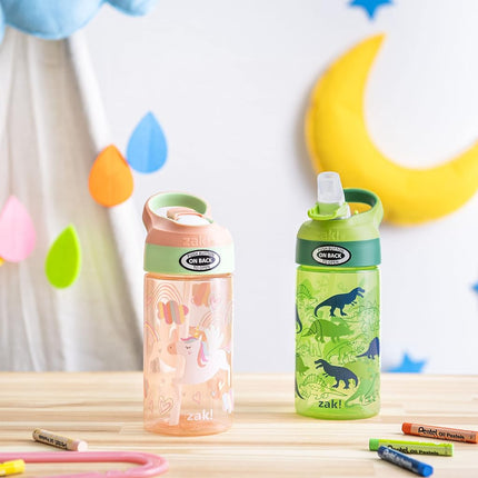 Zak Designs Kids Water Bottle with Spout Cover and Built-in Carrying Loop, Made of Durable Plastic, Leak-Proof Water Bottle Design for Travel (16 oz, Unicorn & Dino Camo, Pack of 2)