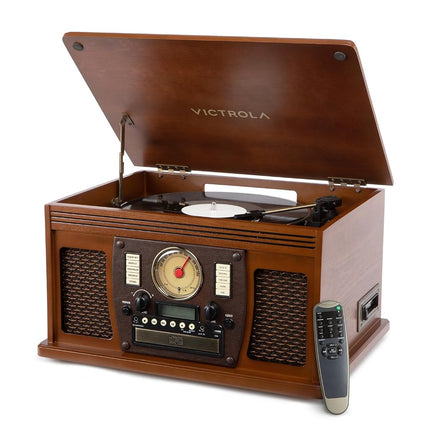 Victrola Navigator 8-in-1 Bluetooth Record Player with Built-in Speakers – 3 Speed, CD Player, Cassette, FM Radio, USB, RCA Out, Headphone Jack, Wireless Music Streaming, Real Wood (Walnut)