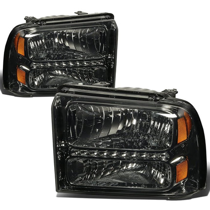 DNA MOTORING LED DRL Headlamps Headlight Assembly Compatible With 05-07 Ford F250-350 F450 F550SD, Smoked/Amber, HL-OH-FSD05-LED-SM-AM