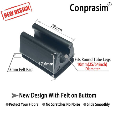Rectangle U Shaped Chair Leg Tips Caps with Felt Pads,Furniture Feet Protectors Slide Smoothly Glides No Scratches No Noise Protect Hardwood Floors, Fit DIA 25/64inch(10mm) Tubular Legs (Black 24Pack)