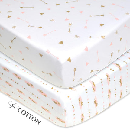 American Baby Company Lot de 2 draps-housses imprimés 100 % coton jersey pour berceaux et matelas pour tout-petits standard, or scintillant/plumes roses/flèches, pour filles