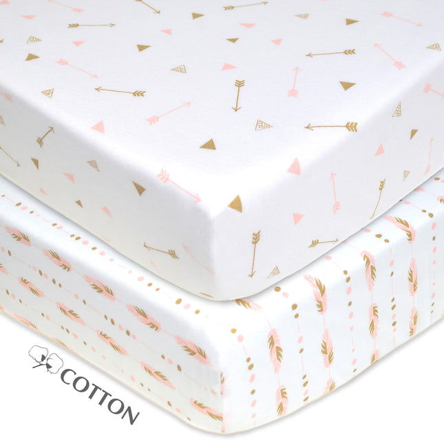 American Baby Company 2 Pack Printed 100% Cotton Jersey Knit Fitted Crib Sheet for Standard Crib and Toddler Mattresses, Sparkle Gold/Pink Feathers/Arrows, for Girls