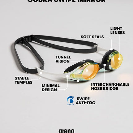 ARENA Cobra Original Swipe Mirror Unisex Adult Racing Swimming Goggles, Swimming Pool Goggles with Mirror Lenses, Anti-Fog UV Protection, 4 Interchangeable Nose Bridges