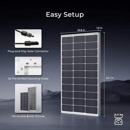 Panel solar monocristalino Renogy de 100 vatios y 12 voltios (diseño compacto)