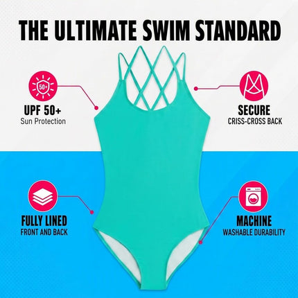 Kanu Surf Girls' Reese UPF 50 Beach Sport Criss-Cross One Piece Swimsuit, Solid Atlantis, 6