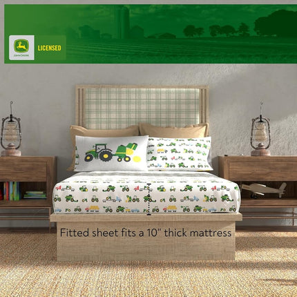 Franco Kids John Deere Farm Equipment Bedding 4 Piece Super Soft Reversible Comforter and Sheet Set, Twin, (Officially Licensed Product)