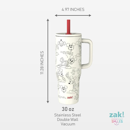 Zak Designs Disney Sutton Travel Tumbler for On The Go, 30oz Stainless Steel with Vacuum Insulation, Silicone Straw, and Carry Handle for Cold Drinks (Mickey Mouse Sketch)
