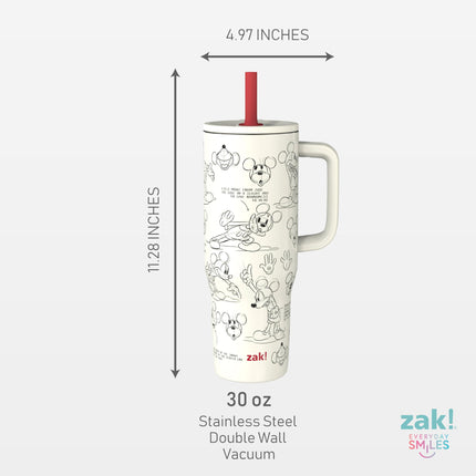Zak Designs Vaso de viaje Sutton de Disney para llevar, 887 ml, acero inoxidable con aislamiento al vacío, pajita de silicona y asa de transporte para bebidas frías (boceto de Mickey Mouse)