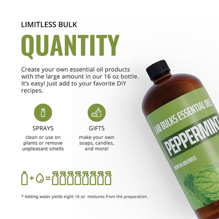 16oz Bulk Peppermint Essential Oil (GIANT 16 OUNCE BOTTLE - THERAPEUTIC GRADE PEPPERMINT OIL) Perfect For Aromatherapy Diffusers, Help Repel Mice & Rats, Candle Making, Soap Making, Lotions, Body Wash