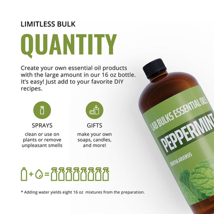 16oz Bulk Peppermint Essential Oil (GIANT 16 OUNCE BOTTLE - THERAPEUTIC GRADE PEPPERMINT OIL) Perfect For Aromatherapy Diffusers, Help Repel Mice & Rats, Candle Making, Soap Making, Lotions, Body Wash