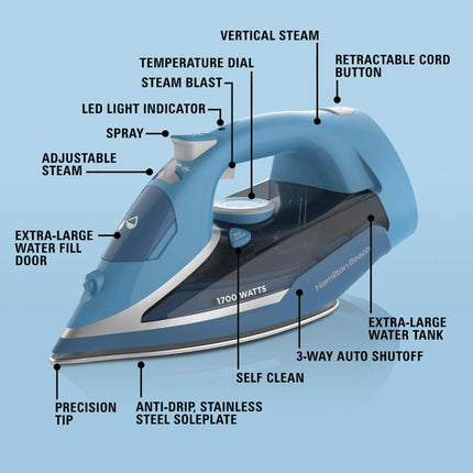 Hamilton Beach Steam Iron for Clothes & Garment Steamer with Durable Stainless Steel Soleplate, 1700 Watts for Ultra-Fast Heat, 8’ Retractable Cord, Auto Shutoff, 350 ml Water Tank, Blue (14216)