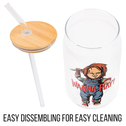 Silver Buffalo Chucky Wanna Play Scary Glass Jar Tumbler with Bamboo Lid and Glass Straw, 16 Ounces