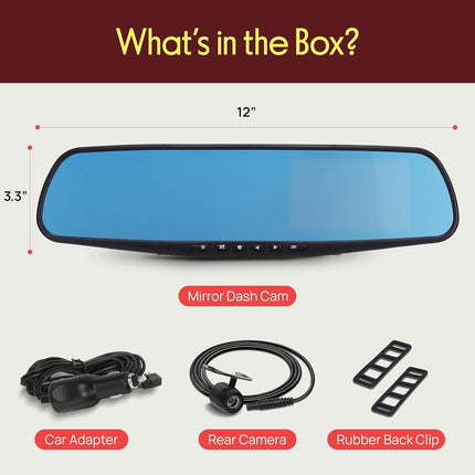 Pyle Dash Cam Rearview Mirror - 4.3� DVR Monitor Rear View Dual Camera Video Recording System in Full HD 1080p w/Built in G-Sensor Motion Detect Parking Control Loop Record Support - Pyle PLCMDVR49