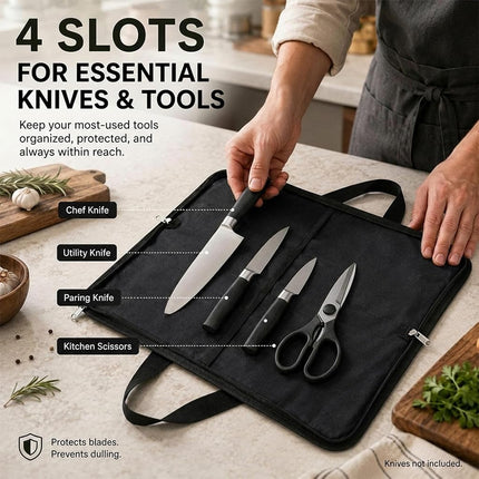 Chef's Knife Case(4 slots), Heavy Duty Waxed Canvas Knife Bag Holds 4 Knives with Handles, Portable Knife Holder for Men&Women, Perfect for Travelling, Working, Barbequing, Camping GJB440 18" x 11" Black