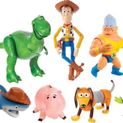 Mattel Disney y Pixar Toy Story Set de 7 figuras de acción con Woody, Slinky, Rex, Hamm, Alien, Rocky y Shark, Colección Mattel Disney100