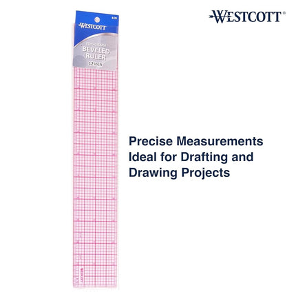 Westcott 8ths Graph Transparent Beveled Edge Ruler, Zero Centering Scale, Durable Laminated Finish,12-Inch, Measuring Tool for School, Office, Drafting, Sewing, Engineering, School Supplies, 12 Pack
