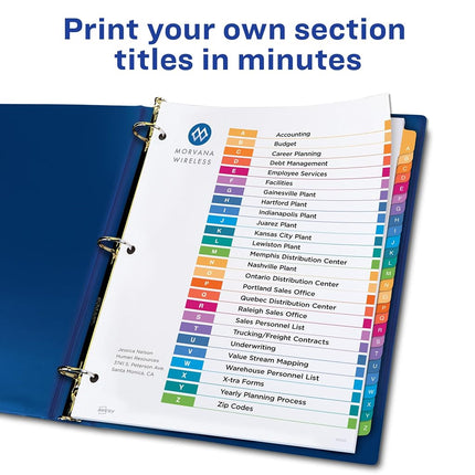Avery A-Z Tab Dividers for 3 Ring Binder, Customizable Table of Contents, Multicolor, 1 Set (11125)