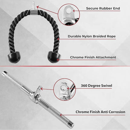 Yes4All Combo Cable Machines Accessories, Double D Row Handle with Tricep Rope, V Bar and Straight Bar, Cable Attachment for Home Gym (Tricep Rope, Straight Bar)