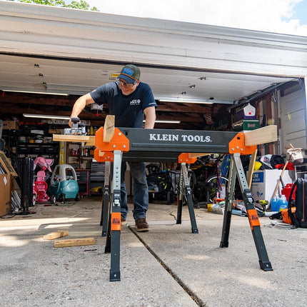 Klein Tools 66188 Folding Saw Horse, 2x4 Support Arms, 26-Inch to 32-Inch Adjustable Height, Heavy Duty Jobsite Table, 1-Pack