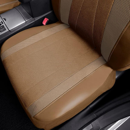 Flying Banner car seat Covers Full Set Faux Leather Air Mesh Breathable Man Lady Airbag Compatible Rear Bench Split 40/60 50/50 60/40 Truck Pick Up (Full Set - Low Back, Solid Beige)