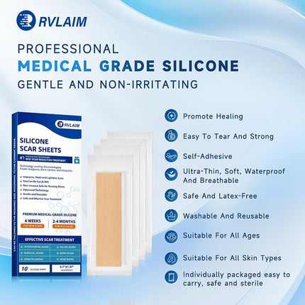 Rvlaim Silicone Scar Sheets, Silicone Scar Tape(5.7” x 1.57” 10 Pcs)