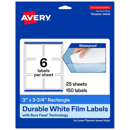 Avery Durable Waterproof Rectangle Labels with Sure Feed, 3" x 3.75", 150 Oil and Tear-Resistant Waterproof Labels, Print-to-The-Edge, Laser/Pigment-Based Inkjet Printable Labels
