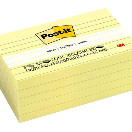 Post-it Notes, 3 in x 5 in, Canary Yellow, Lined, 5 Pads/Pack (100feuilles – Post-it Yellow 3 in x 5 in, Canary Yellow, Lined, 5 Pads/Pack, 30 mm, 50 mm, 100 Sheets)