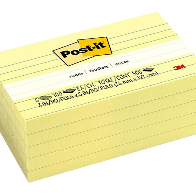 Post-it Notes, 3 in x 5 in, Canary Yellow, Lined, 5 Pads/Pack (100feuilles – Post-it Yellow 3 in x 5 in, Canary Yellow, Lined, 5 Pads/Pack, 30 mm, 50 mm, 100 Sheets)